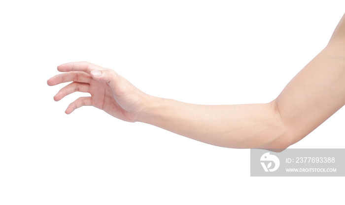 Man hands holding something on white background for product advertising concept