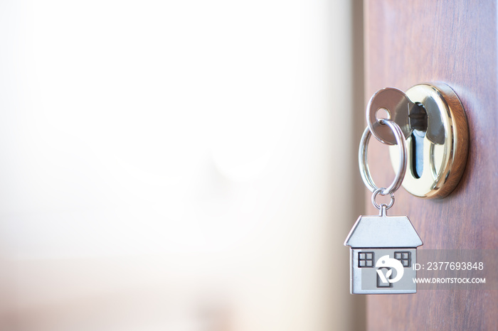 Home key with house keyring in the door keyhole