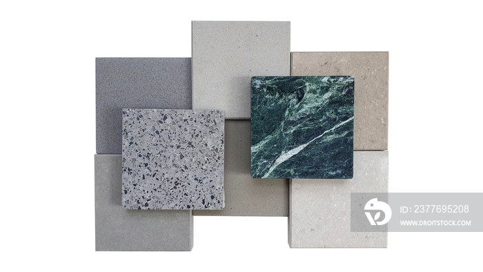 collection of interior stone or quartz and marble material samples containing beige and grey grained stone ,glossy grey terrazzo ,green breccia marble samples isolated on white background.