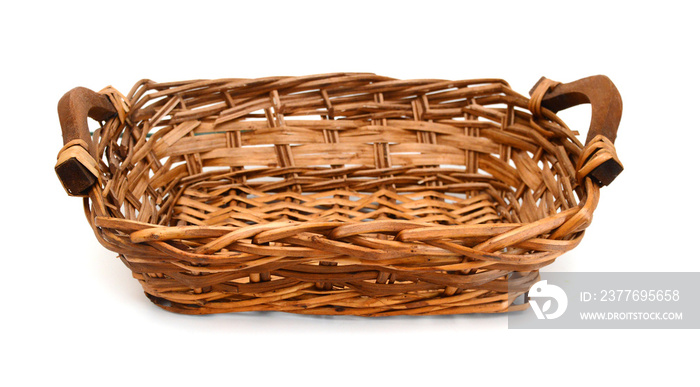 Empty wooden fruit or bread basket on white background