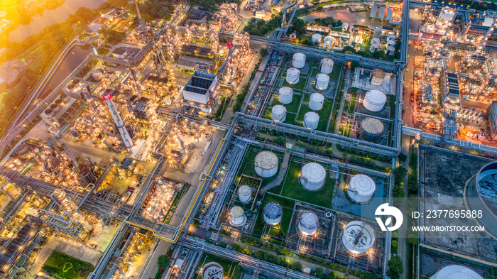 Aerial view of Oil and gas industry - refinery, Shot from drone of Oil refinery and Petrochemical plant  , Bangkok, Thailand