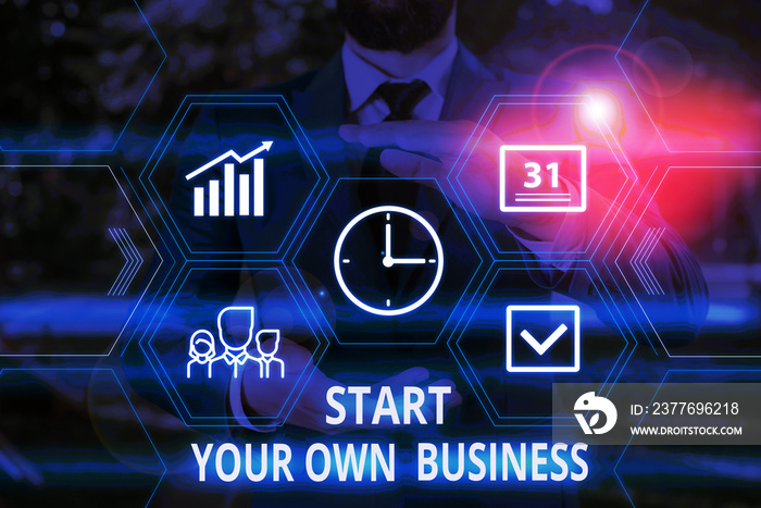 Word writing text Start Your Own Business. Business photo showcasing Entrepreneurial Venture a Startup Enter into Trade Male human wear formal work suit presenting presentation using smart device