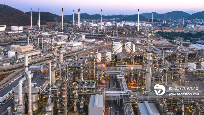 Aerial view of oil and gas refinery plant,Industry Petrochemical  with sunset background