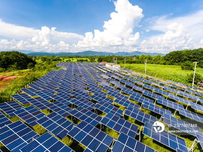 Solar Power Station in the green spring Nature,Solar panel Clean energy  thailand