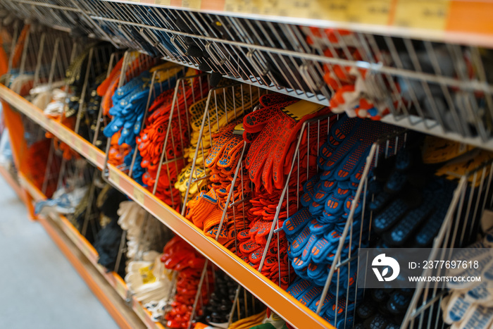 Hardware store assortment, shelf with gloves