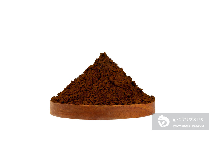 chocolate powder on wooden bowl isolated