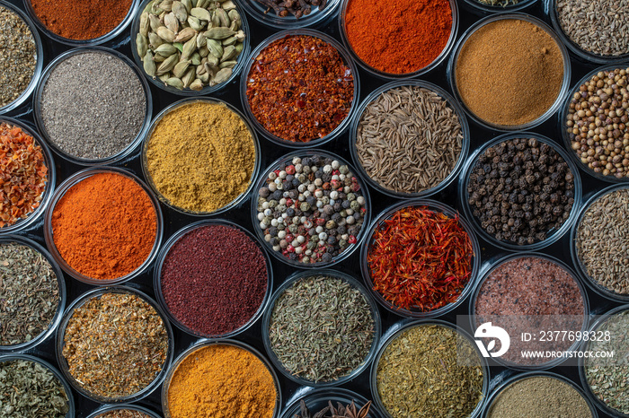 Assortment of aromatic spices, seeds and dry herbs for cooking food