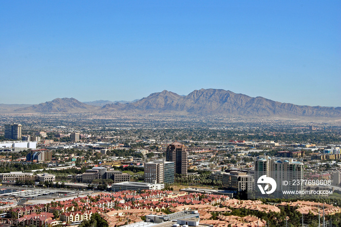 Las Vegas cityscape skyline seen from the Eiffel Tower at the Paris Hotel and Casino Nevada USA