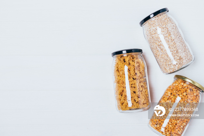 Flat lay glass jars with dry peas