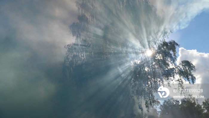 Blue sky, clouds and sun light background. Vintage fog and clouds with glowing green and blue colors