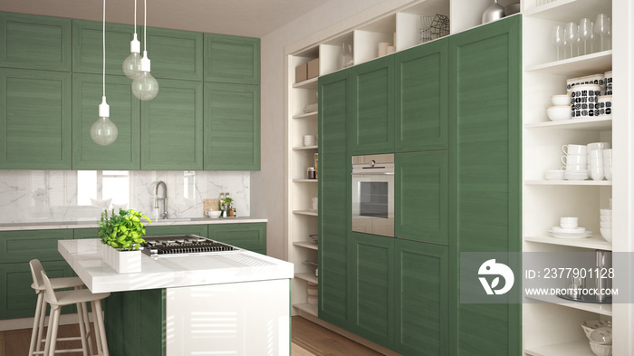 Modern white kitchen with green wooden details in contemporary luxury apartment with parquet floor, 