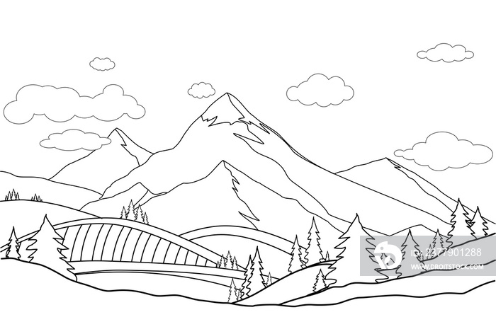Line art, drawing of mountain  landscape vector illustration. Cartoon of spring summer beautiful nat