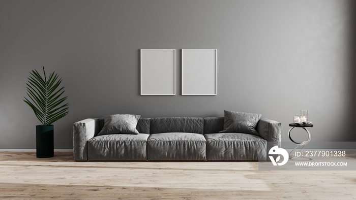 blank poster frames in bright modern living room with gray sofa, green plant and coffee table on woo