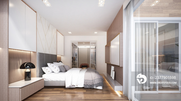 美丽的现代房屋模型以及卧室和步入式衣橱区域的室内设计