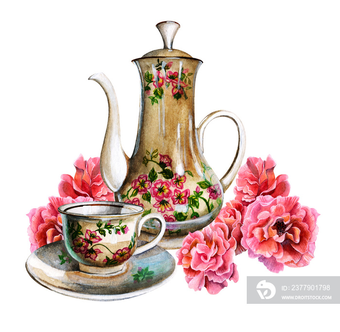 带粉色花朵的复古瓷茶壶和杯子。用于明信片、菜单、派对的装饰。Wat