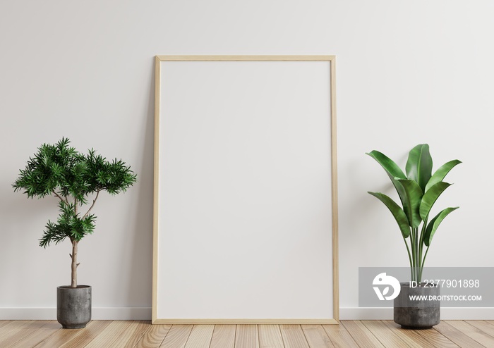 Mock up photo frame in the room, white wall on the wooden floor, beautiful pattern, decorated with p