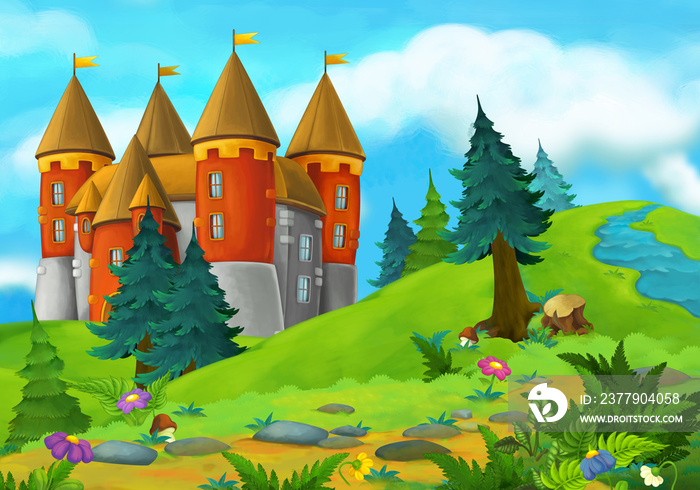 卡通夏日场景，带城堡的森林中的小路-现场无人-儿童插图
