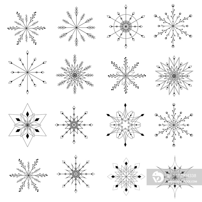 Cute snowflakes collection isolated on white background. Flat snow icons, snow flakes silhouette. Ni