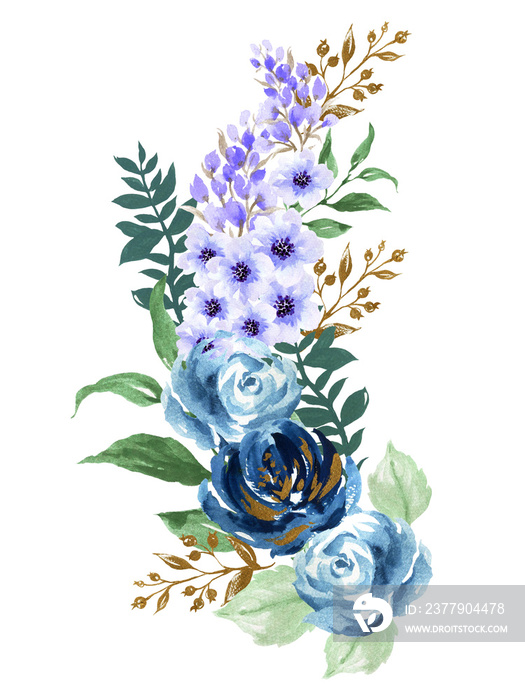 水彩海军蓝-金-绿花束插图为设计贪婪而绘制的花朵构图