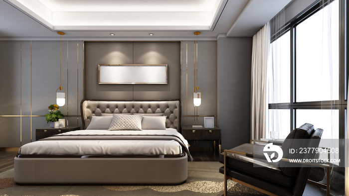 3D rendering modern bedroom suite in hotel with tv