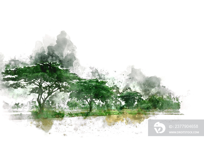 Abstract colofrul tree land field landscape on watercolor illustration painting background.