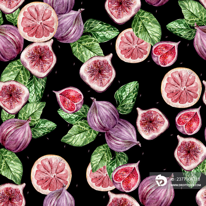 Beautiful watercolor bright pattern with  fig fruits.