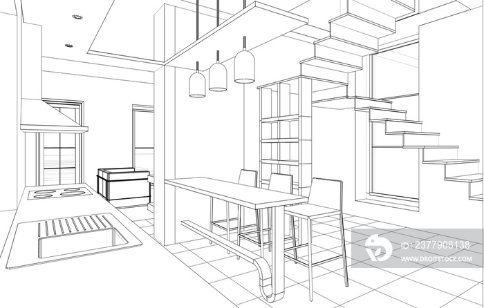 interior kitchen living room 3d illustration