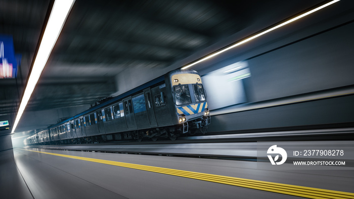 A subway train in motion arriving at station. Moving metro train. Moving train, motion blurred. 3d i