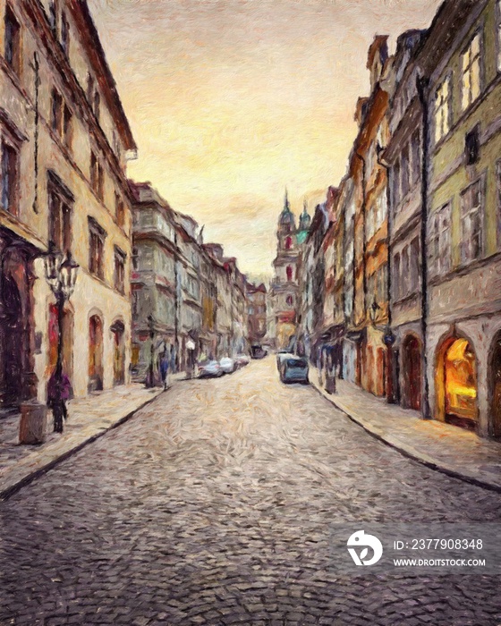数字绘画现代艺术作品，捷克布拉格，油画欧洲著名老街