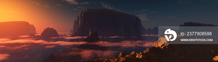 外星人景观，曼斯峡谷，火星山脉日落，3D渲染