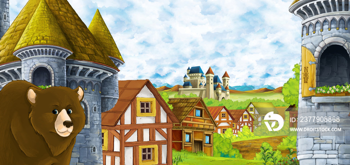 森林和农场村庄定居点附近的王国城堡和山谷的卡通场景w