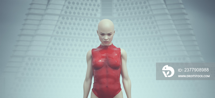 Futuristic Female Strong Standing Pose in a Red Body Suit Alien Landscape Foggy Abandoned Brutalist 