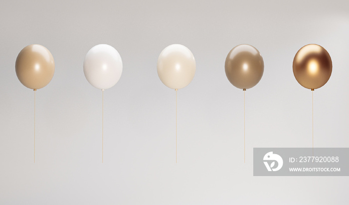 一组3D渲染米色、奶油色和棕色气球，隔离在白色背景上。时尚逼真的设计