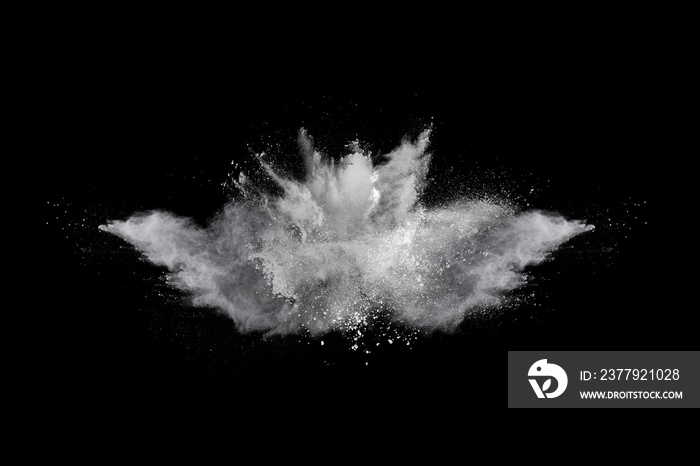 White powder explosion on black background. Colored cloud. Colorful dust explode. Paint Holi.