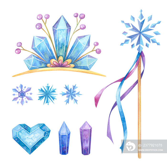 冰晶珠宝手绘插图套装。冬季水晶皇冠、棒、心和雪花