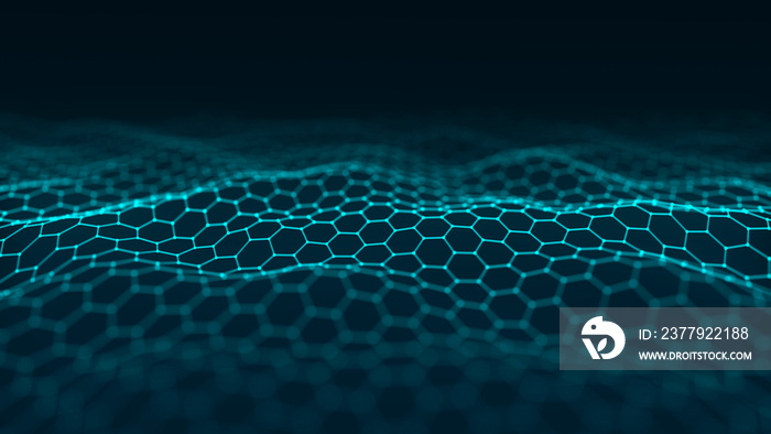 Abstract hexagon wave with moving dots. Flow of particles. Cyber technology illustration. 3d renderi