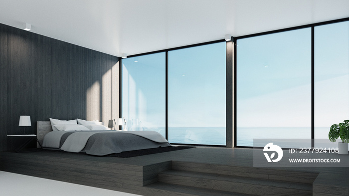 The Loft and modern bedroom - Sea view for vacation and summer / 3d rendering interior - Illustratio
