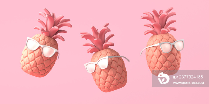 漂浮着太阳镜的菠萝。夏季概念。复制空间。3D插图。
