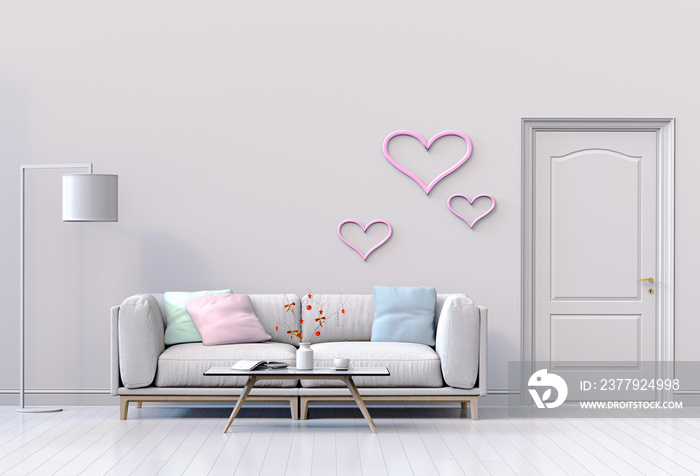 客厅和室内设计3D插图，情人节