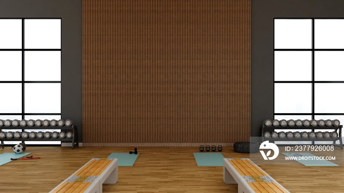 Black blank wall in wooden gym interior with wooden theme