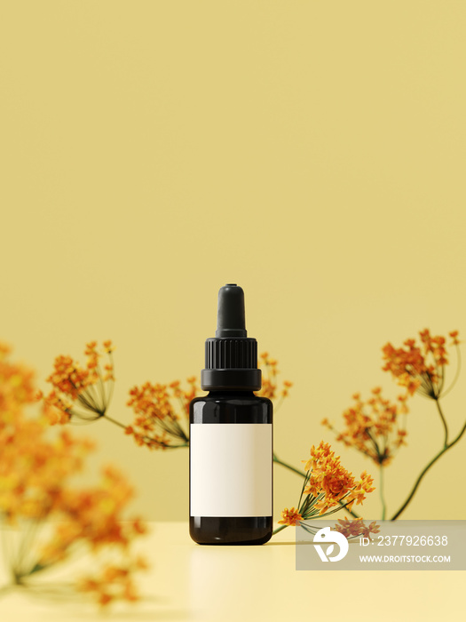 Minimal cosmetic background for product presentation. Yellow platform and flower on yellow backgroun