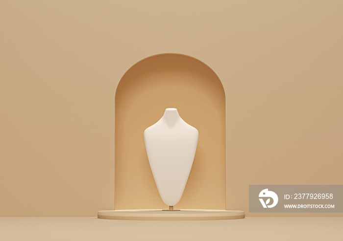 Bust showcase jewelry display for necklace pendant in a cream background. Stand holder. Beige color 