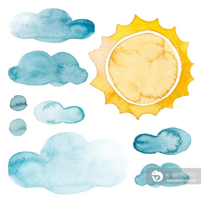 黄色太阳和蓝色云层的天气预报集水彩插图
