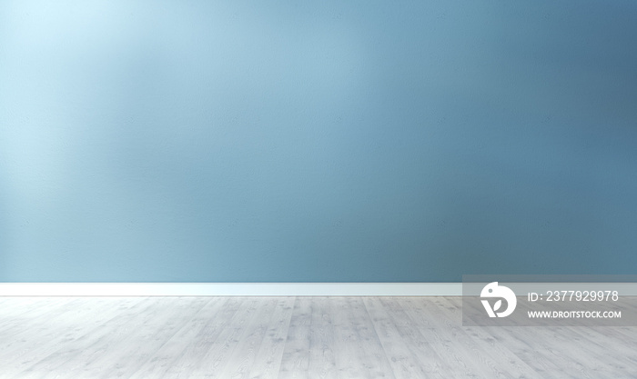 Light blue textured wall and wooden floor in empty room for displaying your product, light coming th