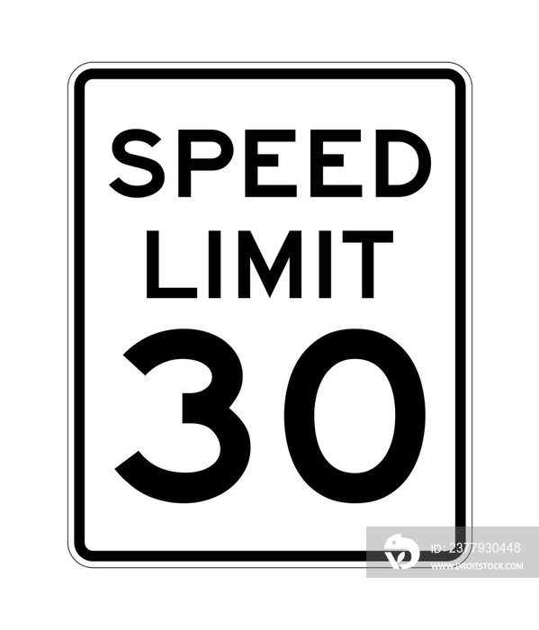 Speed limit 30 road sign in USA