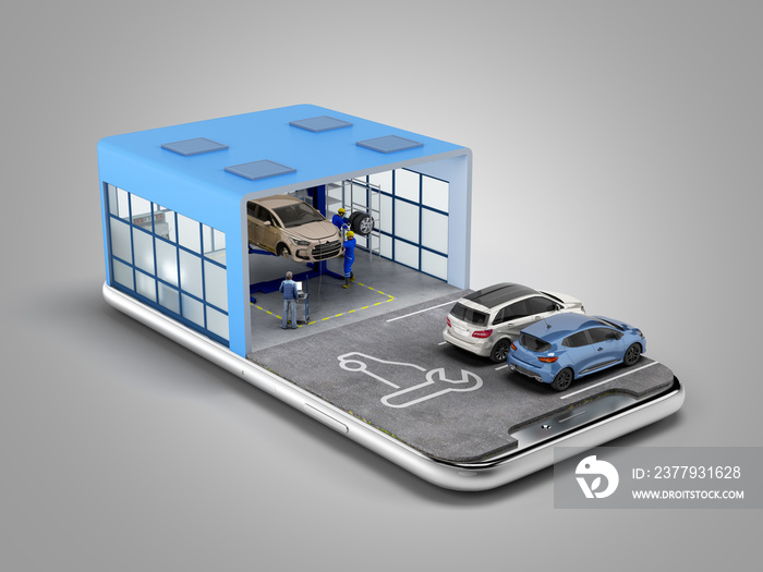 concept of mobile car service service station and parking on the mobile phone screen 3d render on gr