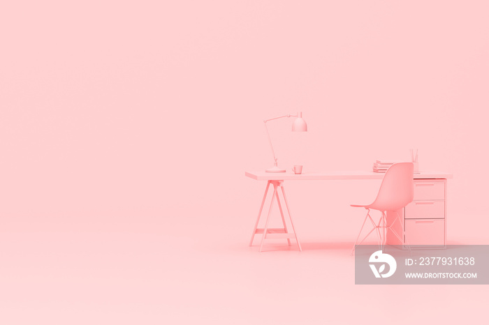 3d rendering of workspace desk table with office accessories on pink background.