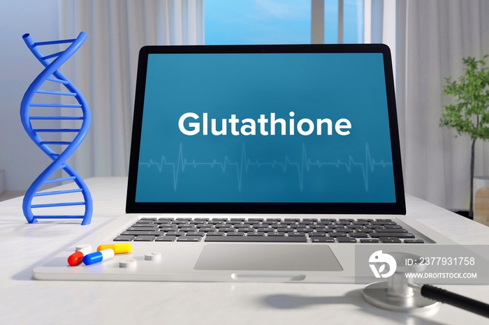 Glutathione – Medicine/health. Computer in the office with term on the screen. Science/healthcare