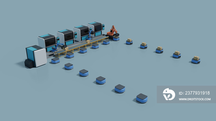 Factory Automation with Automated Guided Vehicle and robotic arm,3D rendering