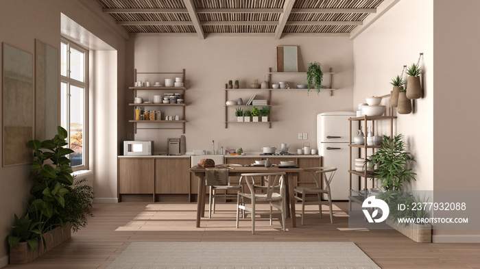 Country kitchen, eco interior design in beige tones, sustainable parquet floor, dining table with ch